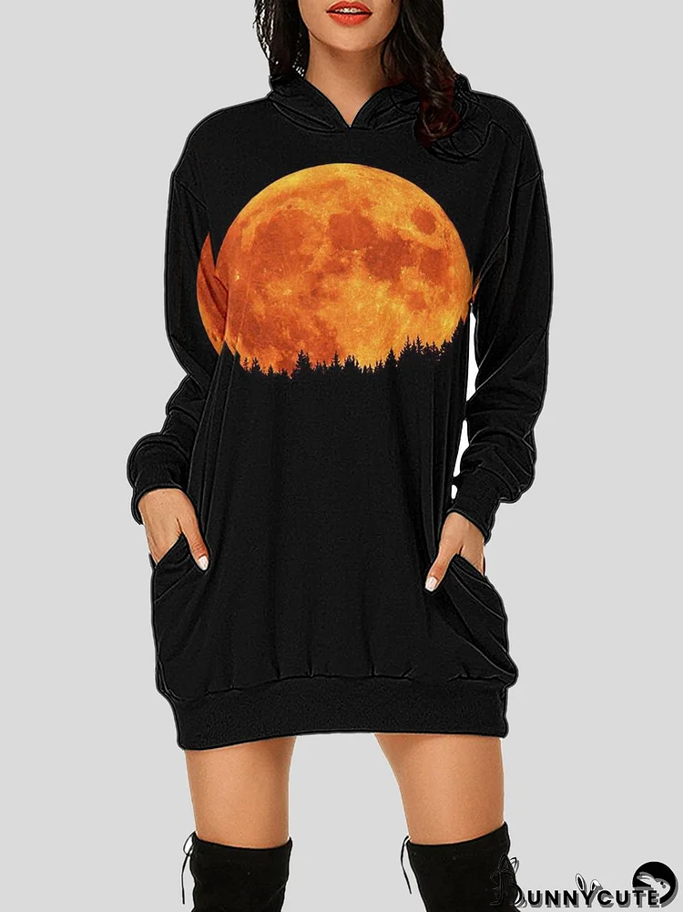 Women's  Halloween Graphic Printed V-Neck Hooded Long Sleeve Maxi Dress