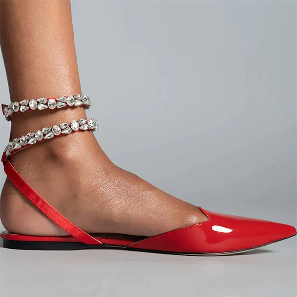 Patent Leather Pointed Toe Adjustable Ankle Strap Flats