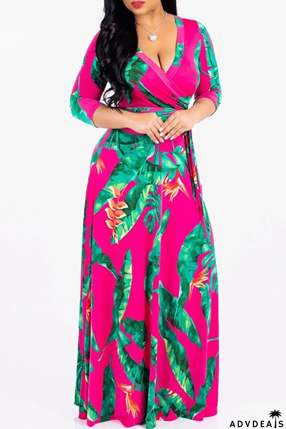 Multi-color Fashion Casual Print Bandage V Neck Long Sleeve Dresses