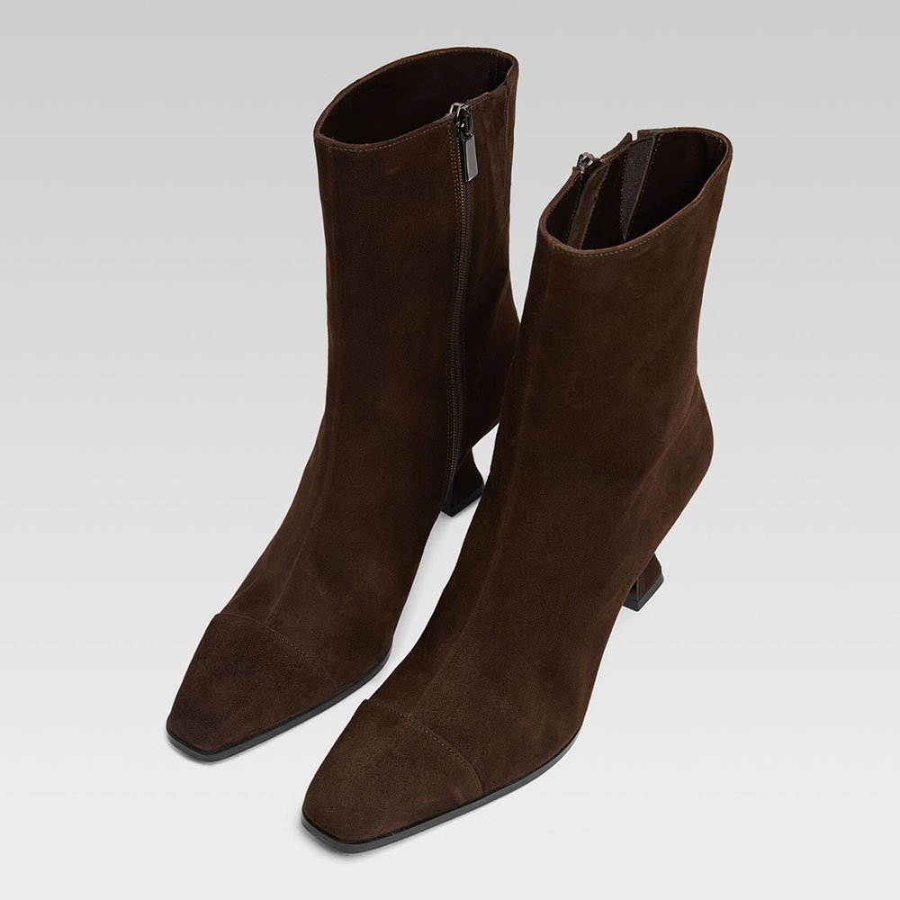 Brown Pull-On Square Toe Spool Heeled Ankle Boots with Zipper Nicepairs