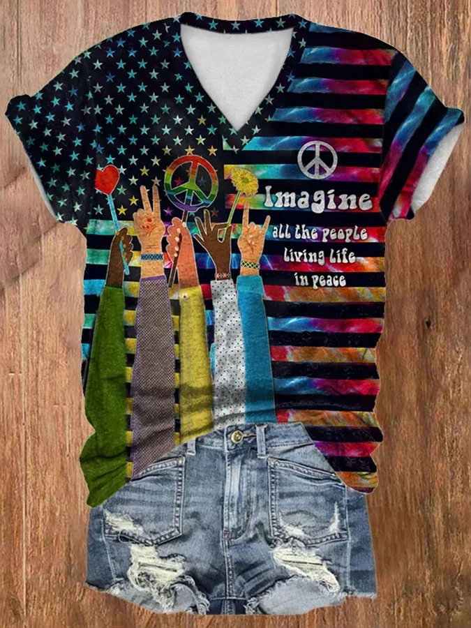 V-neck Hippie Imagine All The People Living Life In Peace Print T-Shirt