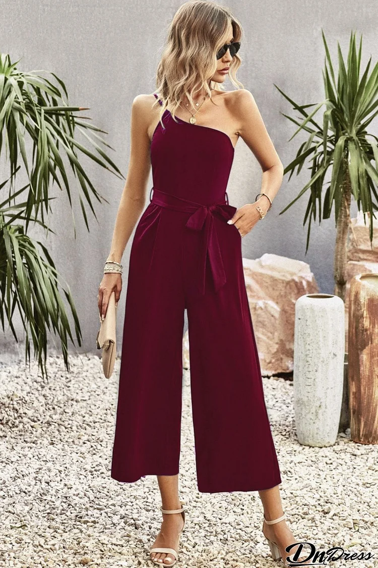 One-Shoulder Tie Belt Wide Leg Jumpsuit