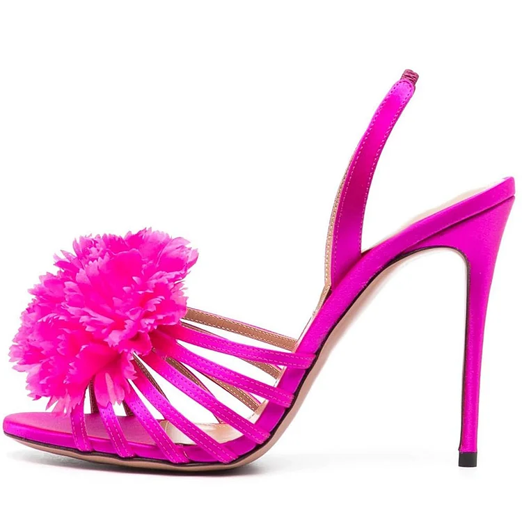 Fuchsia Strappy Heeled Sandals Flower Decor Slingback Prom Shoes |FSJ Shoes
