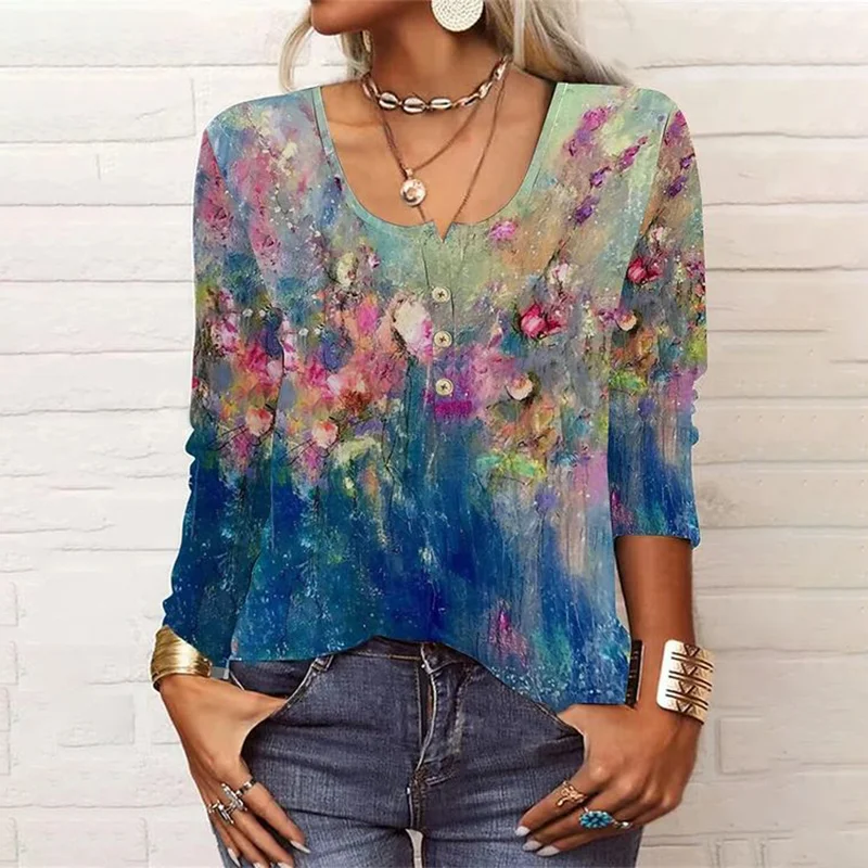 Round Neck Floral Printed Long Sleeve Casual T-Shirt