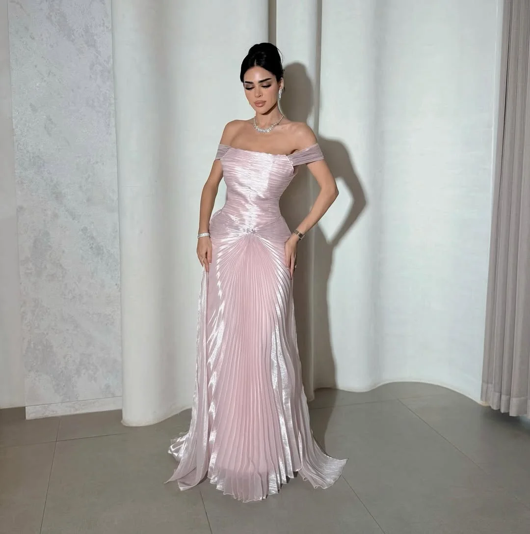 Unique Off-The-Shoulder Mermaid Pleated Prom Dress With Train YK0266