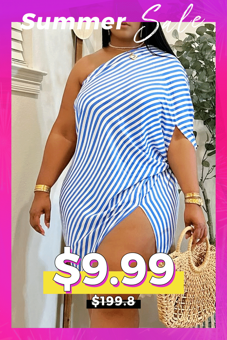 Plus Size Vacation Blue Sundress Striped One Shoulder Asymmetric Hem Mini Dresses 2024 - Xpluswear
