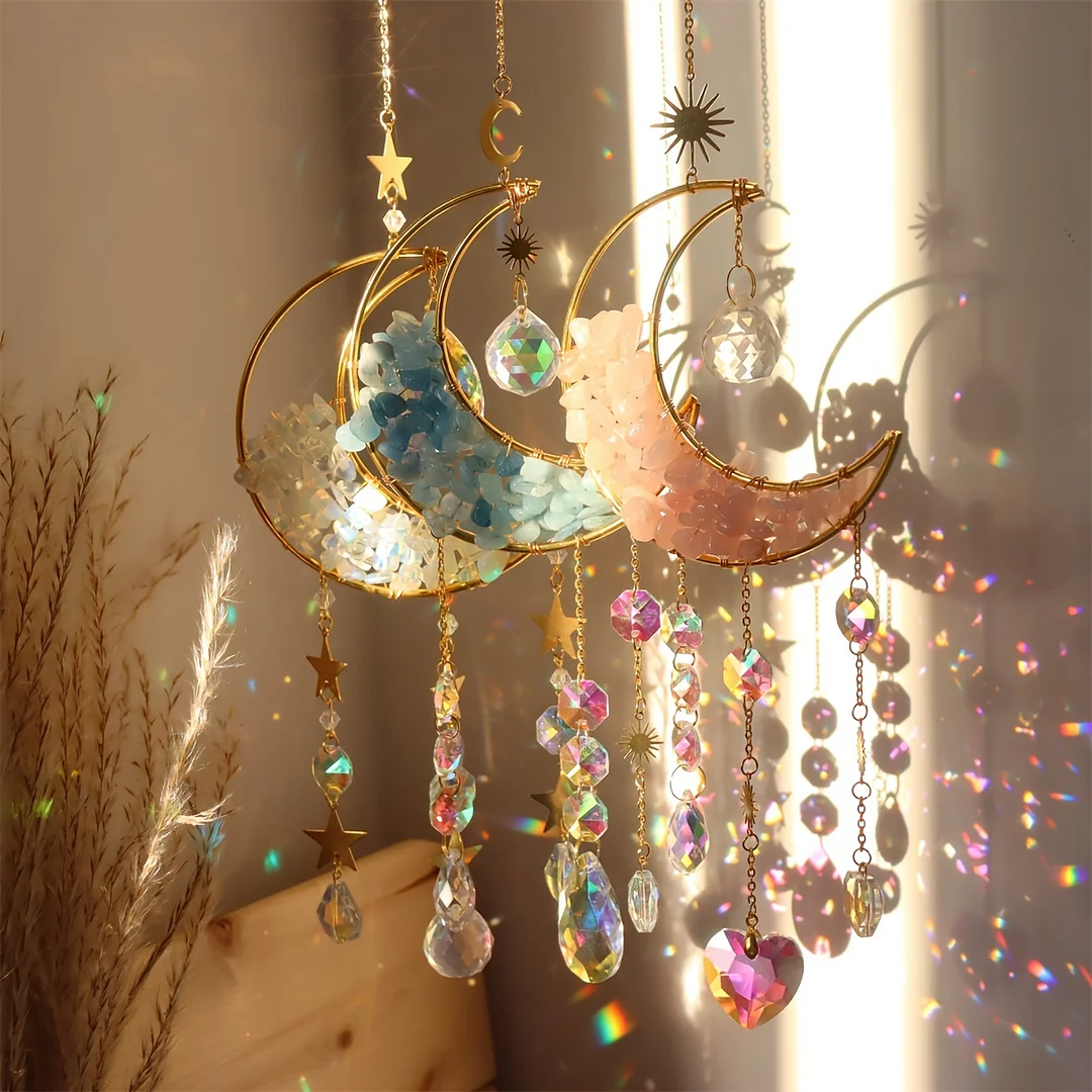 Amethyst Moon Crystal Prism Sun Catcher, Half Moon Window Hanging Pendant Glass Prism Decorative Wind Chime Rainbow Sun Catcher Home Garden Porch