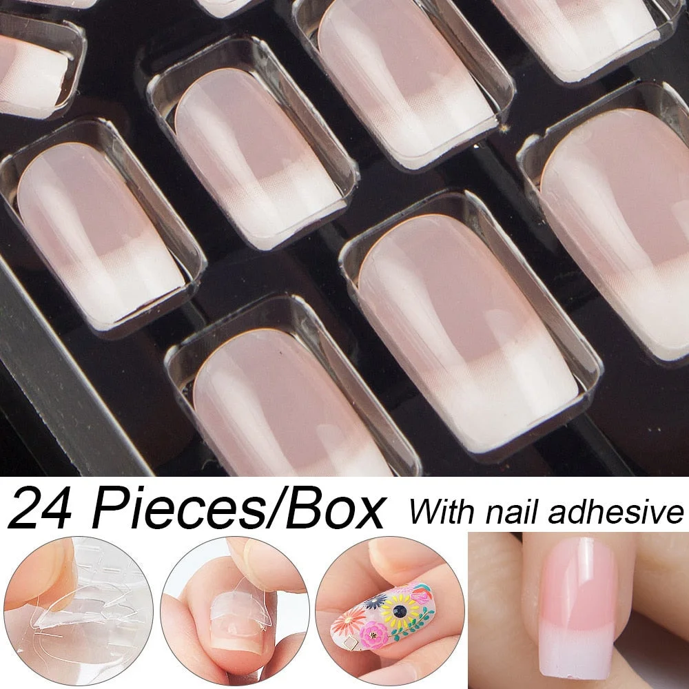 Fashion 24pc/set 10 Sizes Fake Nails Full Cover French False Nail Tips With Double-Sided Nail Adhesive Tab Press On Coffin Nail-Nail Inspo