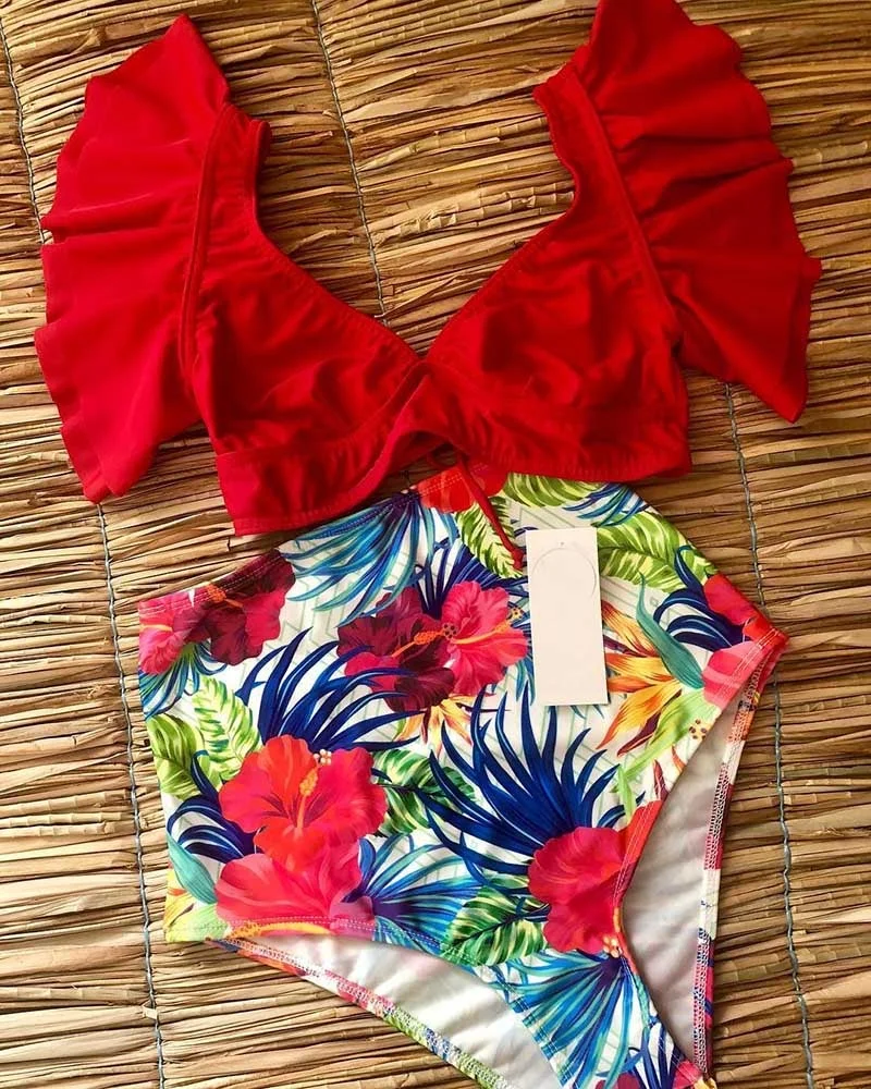 Floral Ruffled Hem Bikini Set Women Flora V-neck High-waisted Two Piece Swimsuit