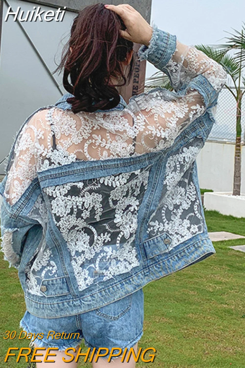 Huiketi Fashion Streetwear Lace Patchwork Denim Jacket Women Embroidery 2023 Summer Patchwork Loose Jean Sunscreen Coat Female