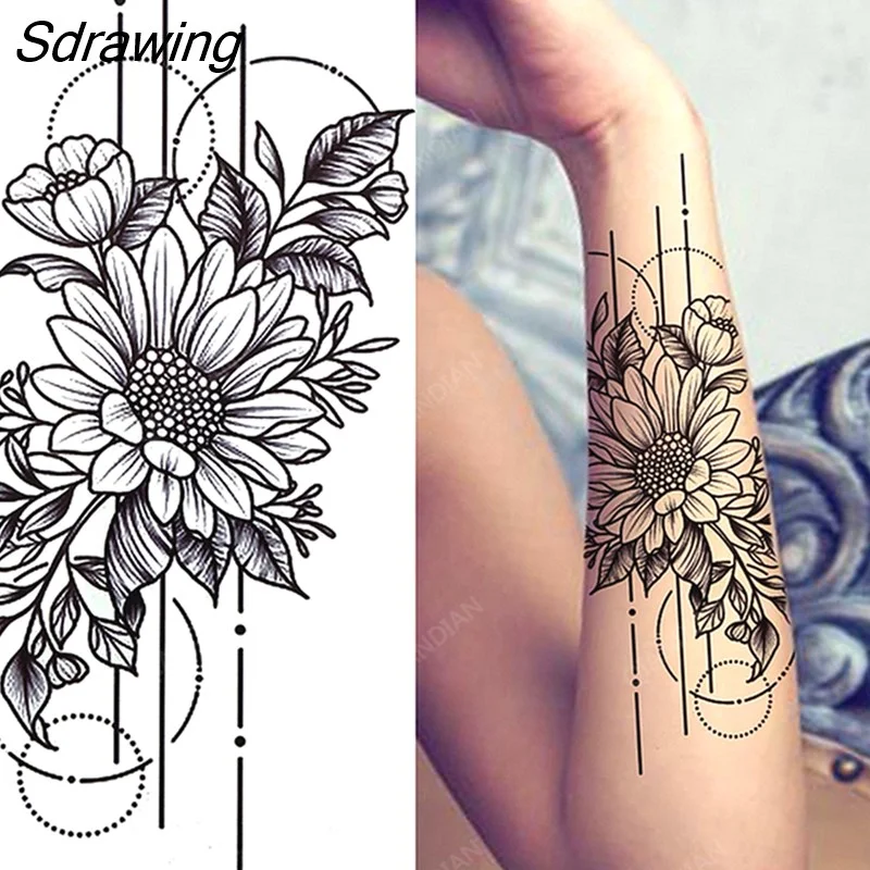 Sdrawing Flower Leaves Sunflower Women Lady Waterproof Temporary Tattoos Fake Body Arm Forearm Cool Art Big Sexy Black Petals