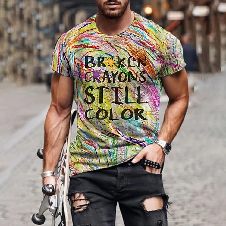 Comstylish Men's Broken Crayons Still Color Print Short Sleeve T-Shirt