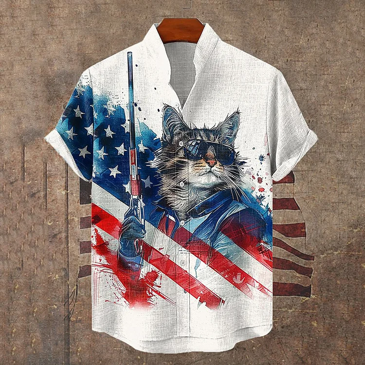 Comstylish Men's Cool Patriotic Cat Warrior Ink Painting Print Linen Blend Shirt