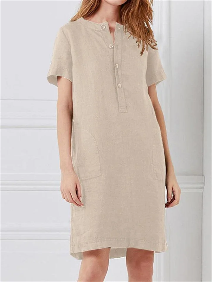 Solid Color Cotton Linen Loose Short-sleeved Mid-length Female Dresses