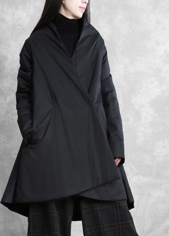 Warm oversize down jacket overcoat black v neck pockets coats