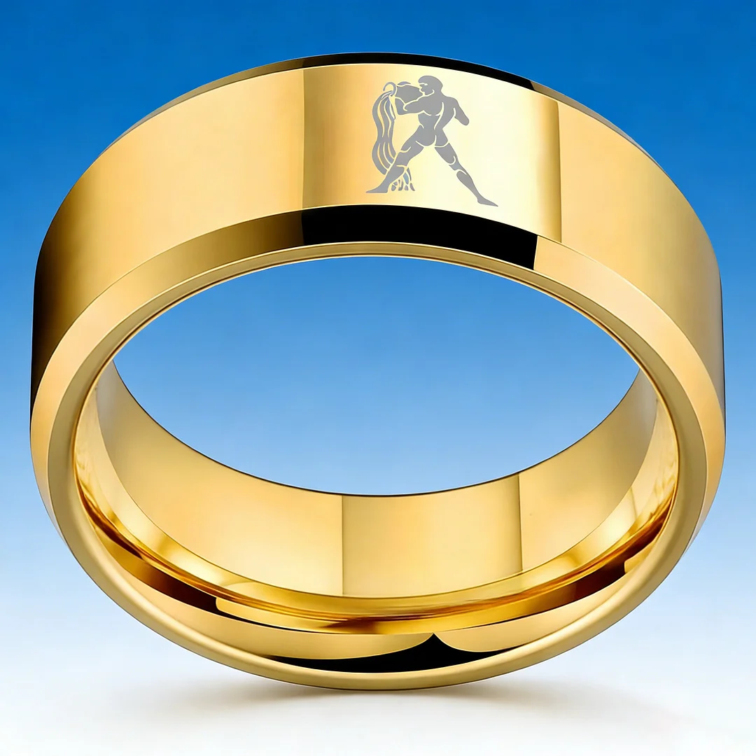 Beveled Edges Gold Laser Etched Tungsten Carbide Rings Gold Aquarius Couple Wedding Band 4MM 6MM 8MM Width