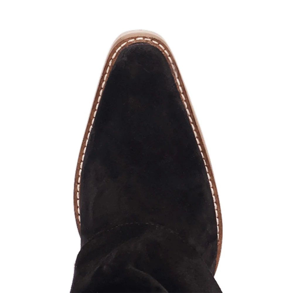 Black Vegan Suede Almond Toe Chunky Heel Fringe Fold Over Boots