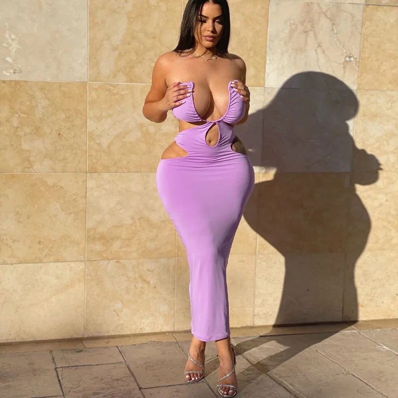 Sexy Hollow Wrapped Chest Solid Color Slim Dress | IFYHOME