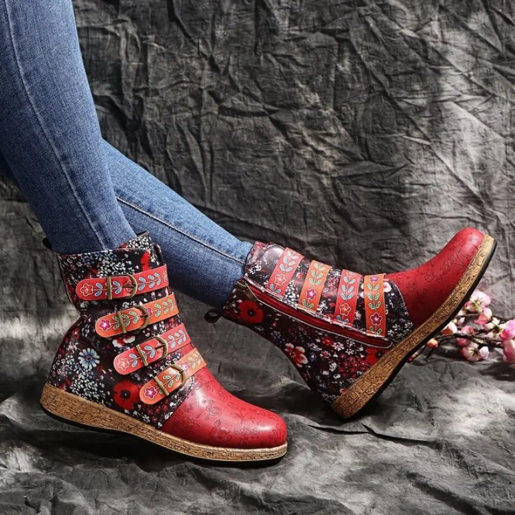 Yyvonne Autumn And Winter New Martin Boots Women's Embroidery Fashion Flat-Bottomed Boots Belt Buckle Short Boots