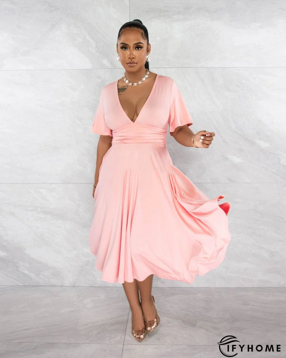 Fashion Solid Color V-neck Short-sleeved Waist Pleated Dress | IFYHOME