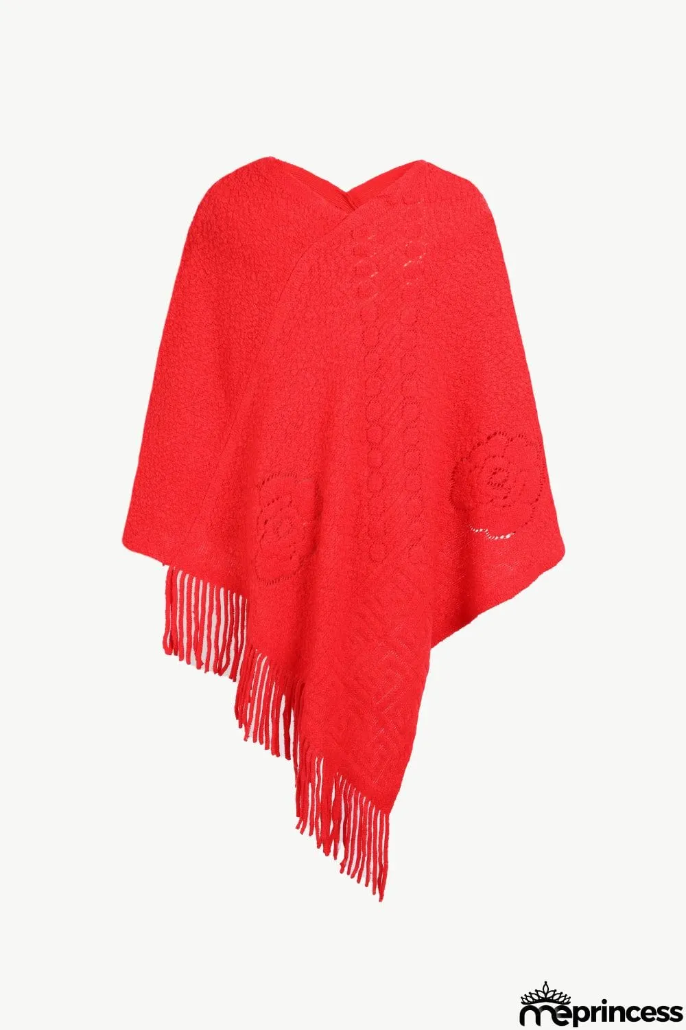 Pearl Trim Fringe Hem Poncho