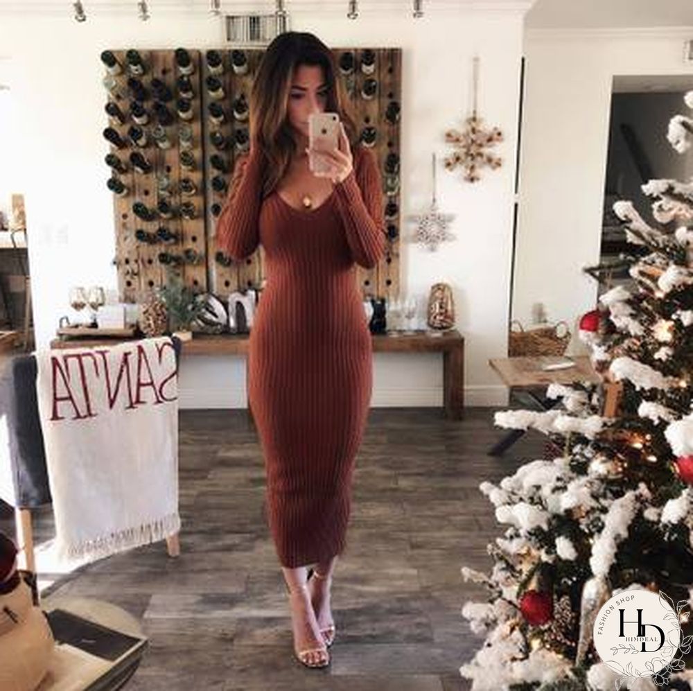 Knitted Sweater Dress Women Long Sleeve Sexy Midi Bodycon Dress Black White Red Long Stretchy Knitted Winter Dress