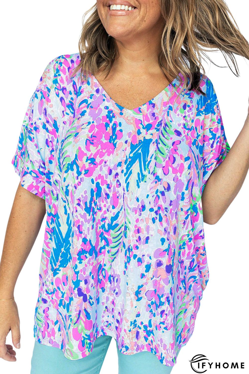 Sky Blue Plus Size Plant Print V Neck T-shirt | IFYHOME