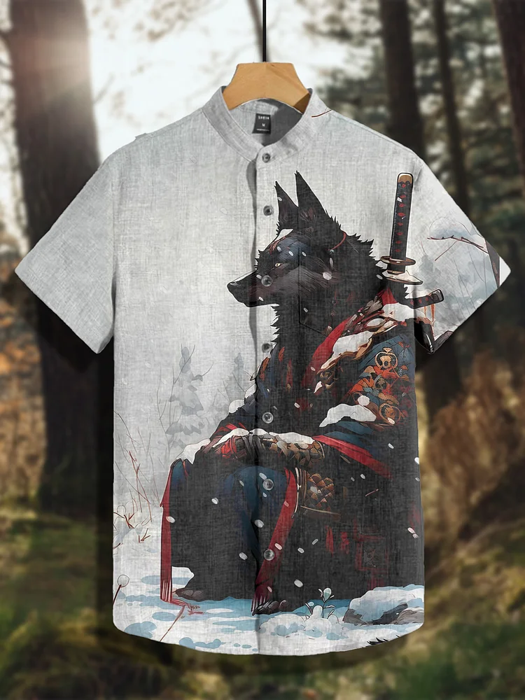 Men's Snow Wolf Warrior Retro Print Casual Shirt