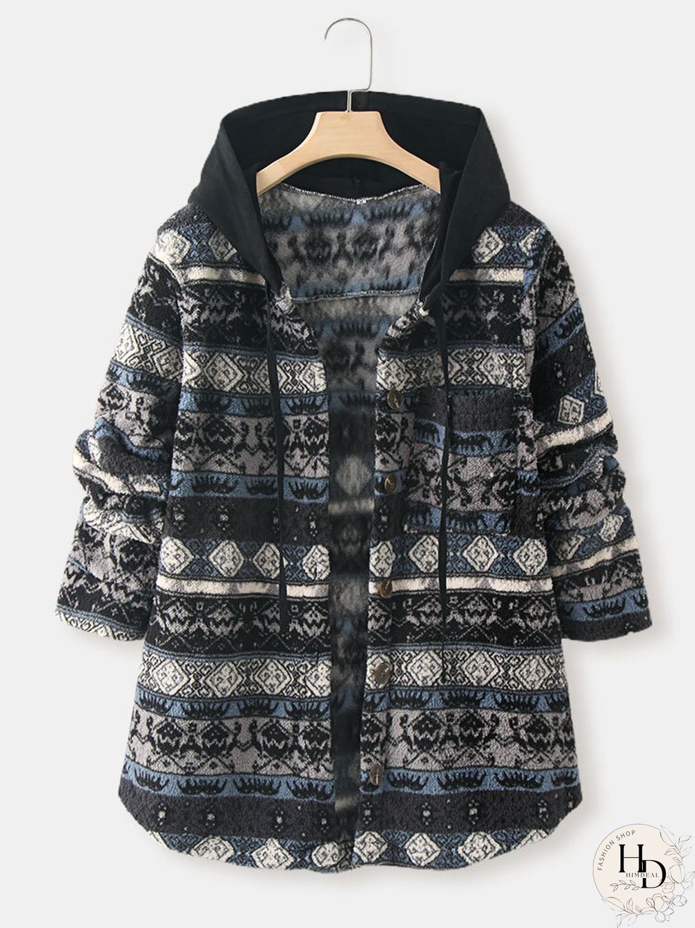 Tribal Pattern Hooded Button Pocket Plush Coat