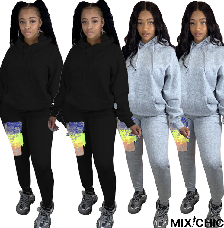 Women Solid Color Drawstring Hoodie Graffiti Sweatpants Tracksuit