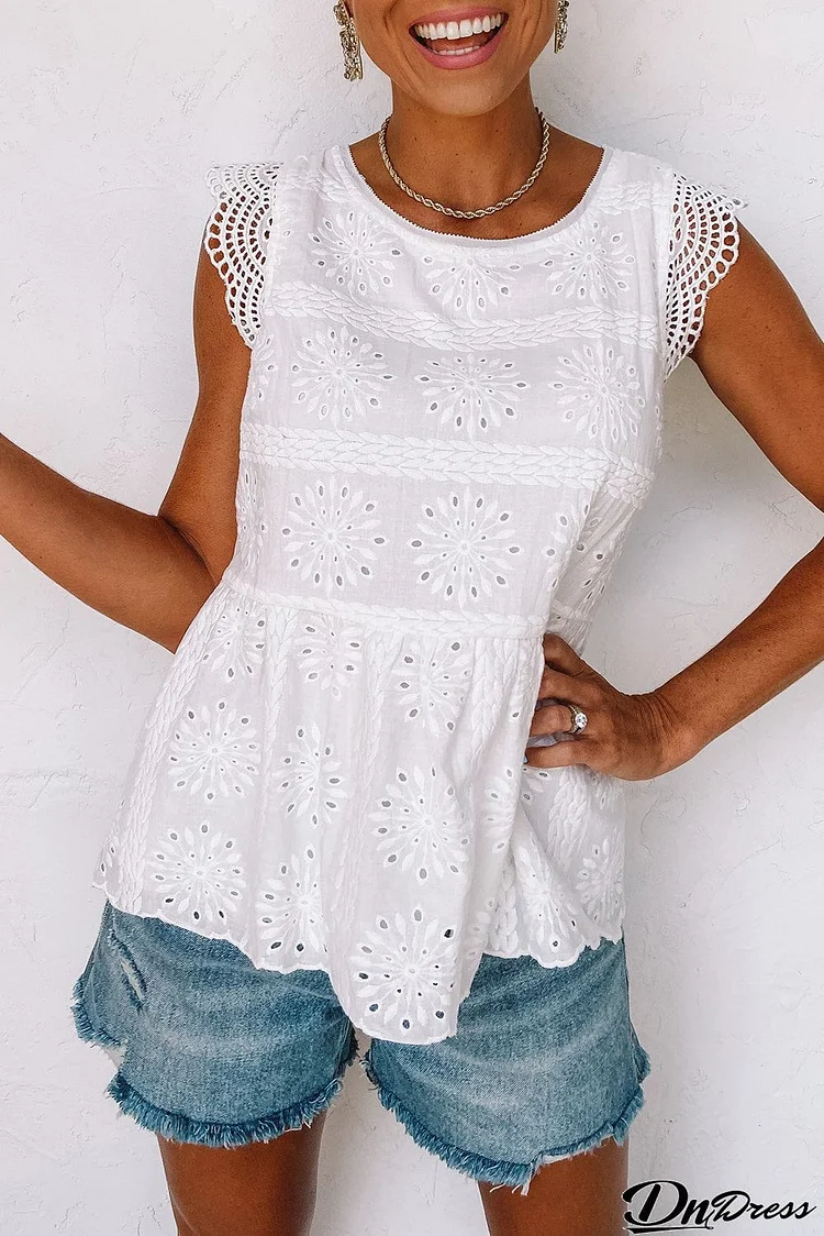 Contrast Lace Cut-out Flutter Sleeve Blouse