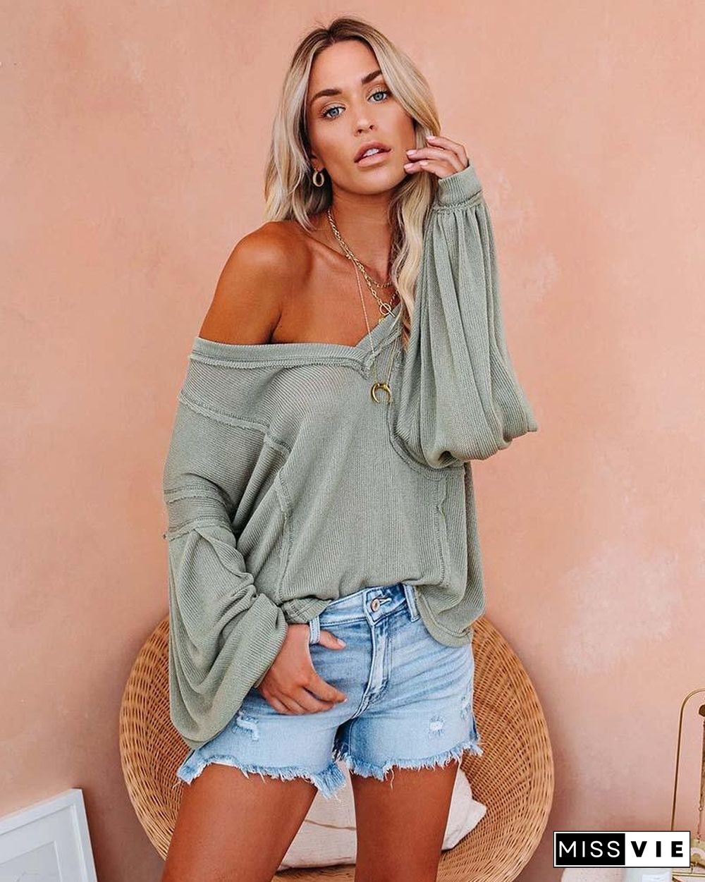 V Neck Long Sleeve Fashion Pocket Loose Casual Pullover Ladies Jumper Sweater