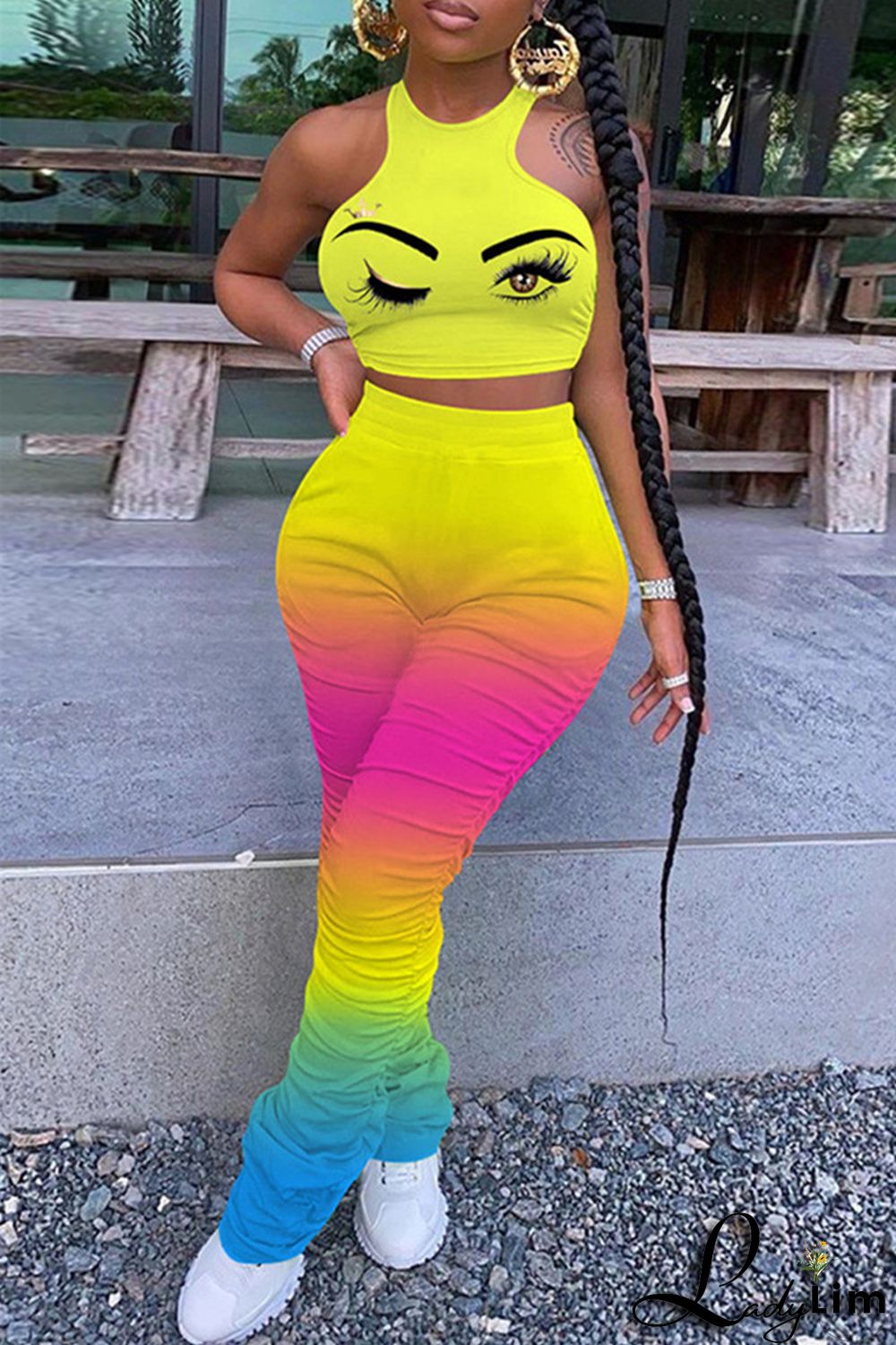 Blue Fashion Casual Gradual Change Print Fold O Neck Sleeveless Two Pieces