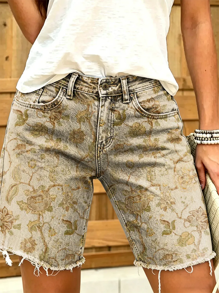 Women's Vintage Floral Print Frayed Hem Denim Shorts