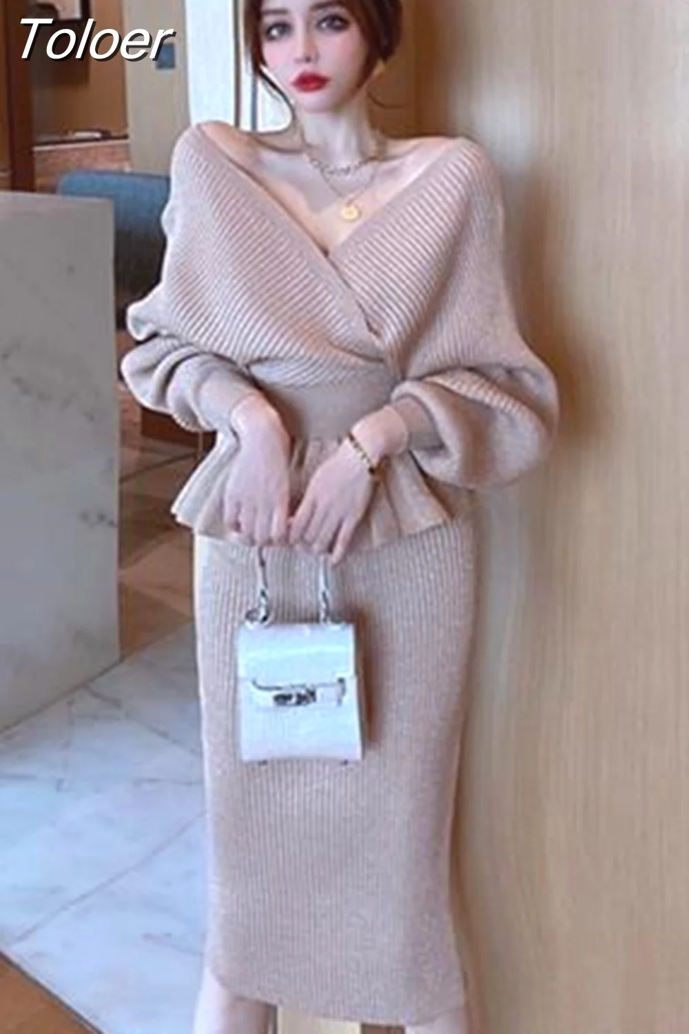 Toloer Temperament Outfits Fashion Korean 2 Piece Set for Women V-neck Ruffles Pullovers Tops Bodycon Skirts Suit Korean Chic Knit Sets