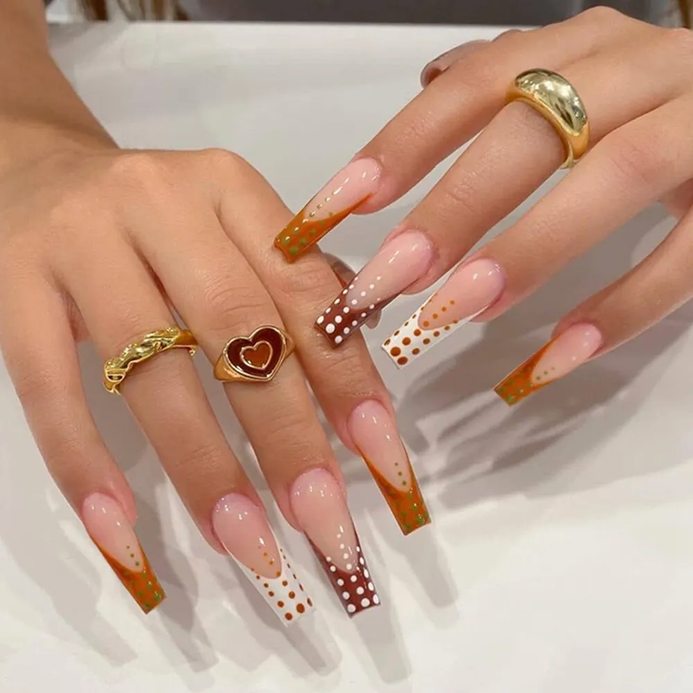 Long French False Nails Nude Polka Dot Design Ballerina Fake Nails Press On Nails Coffin Manicure Nail Decoration Art Full Tips