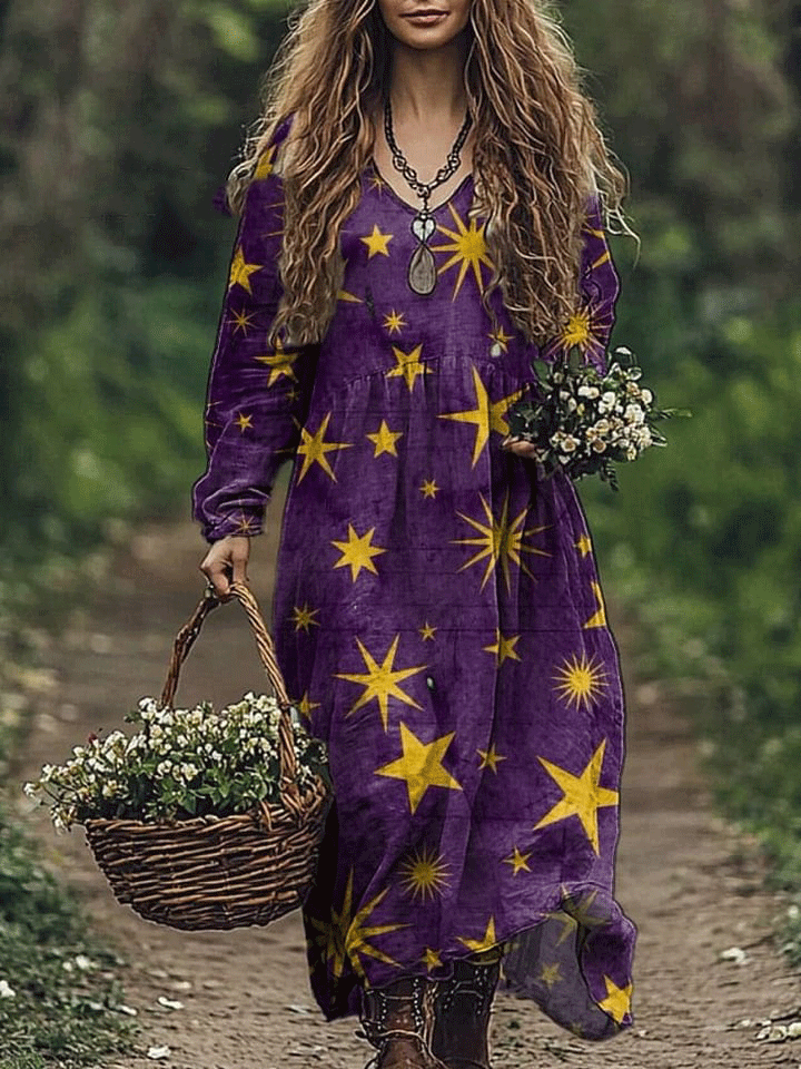 Night Star Pattern Printed Women's Pocket Cotton Dress