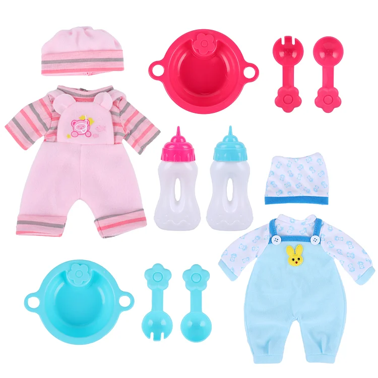 12 Inches Pink+Blue Clothing & Reborn Accessories 8 Pcs Set, Suitable for Twin Baby Dolls