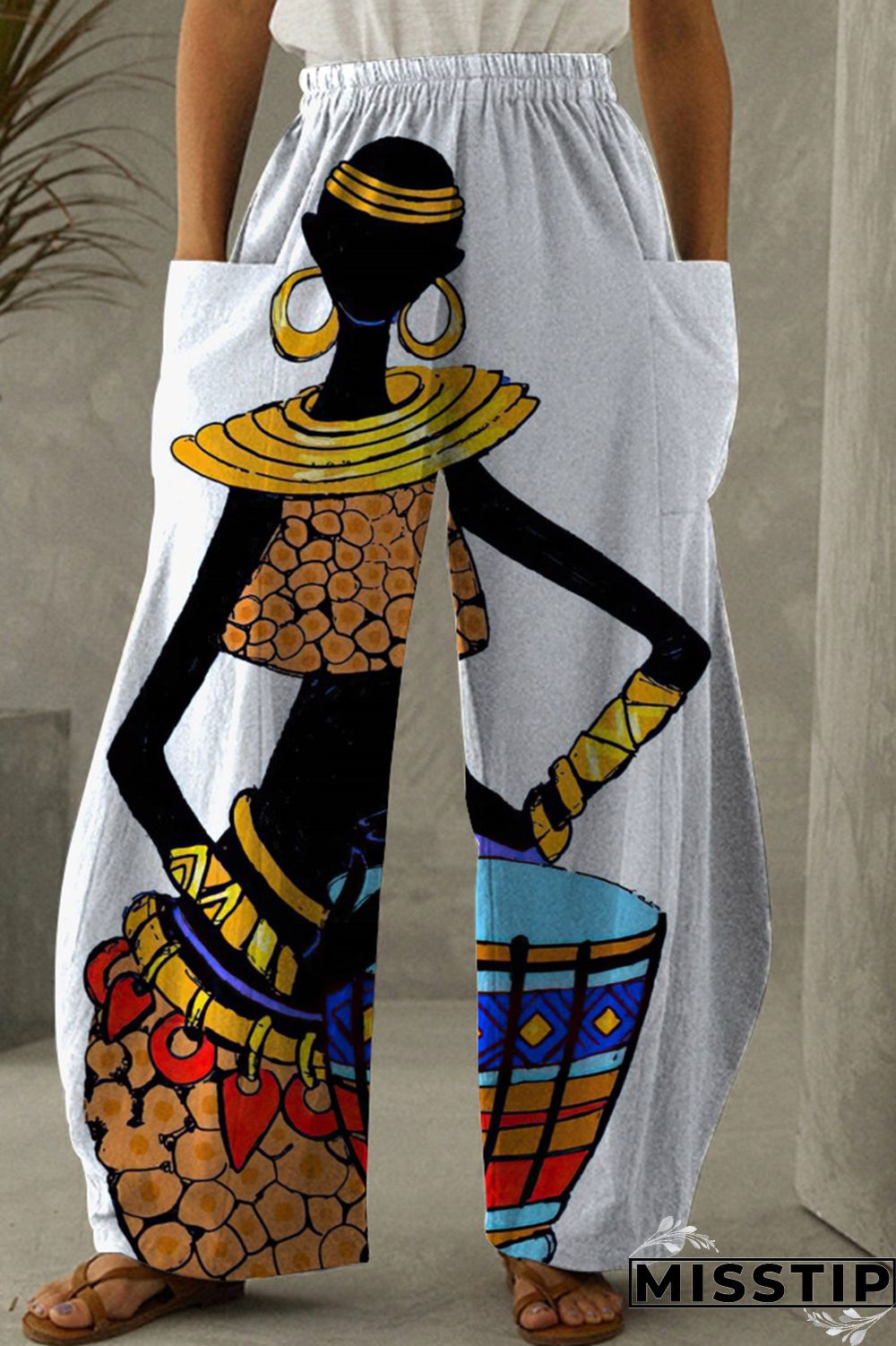 Light Gray Fashion Casual Print Patchwork Pocket Regular High Waist Trousers
