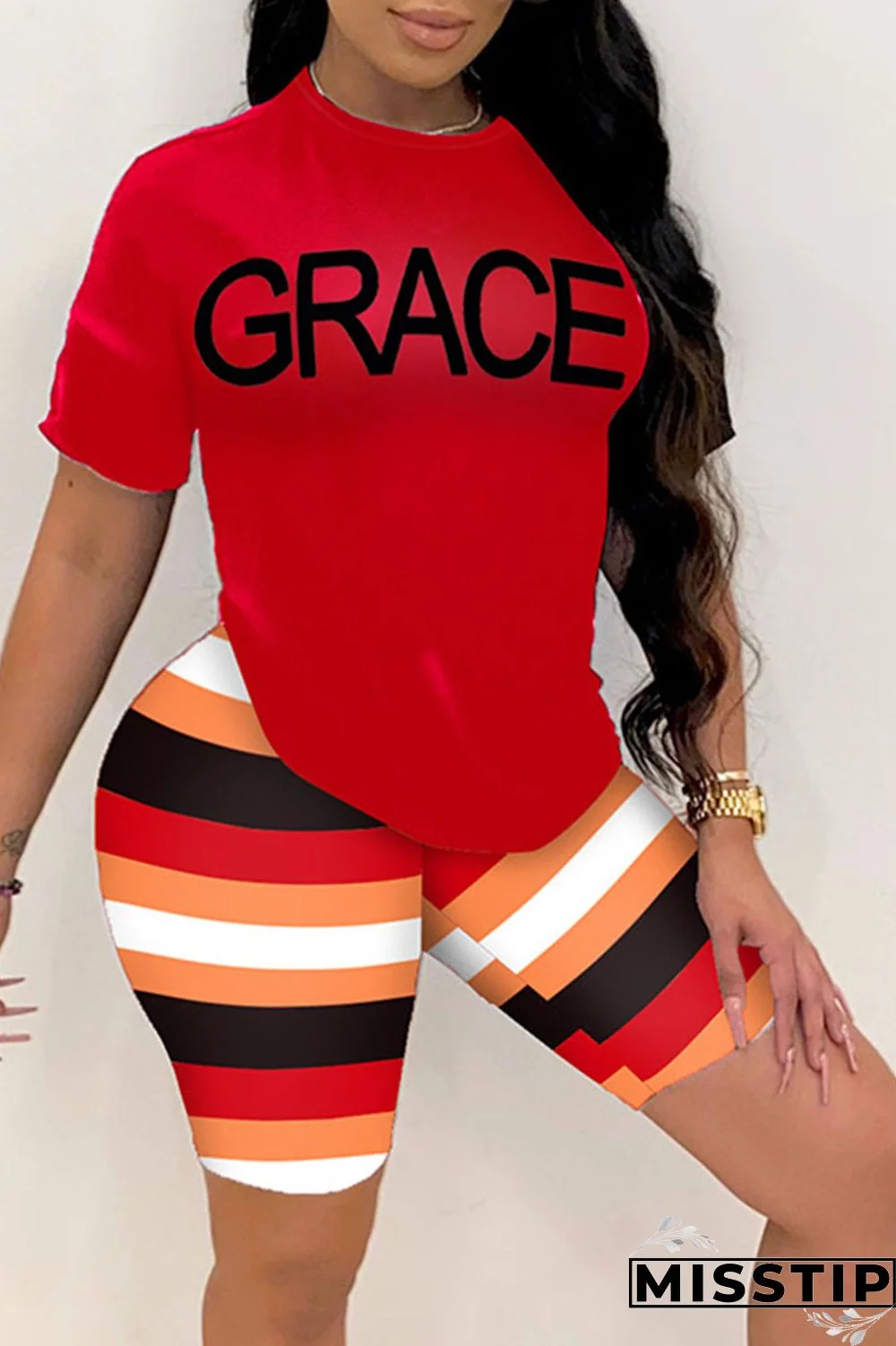 Red Fashion Casual Letter Print Basic O Neck Short Sleeve Two Pieces