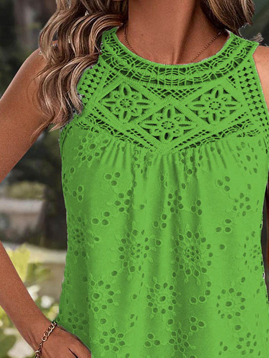 Women Sleeveless Scoop Neck Solid Lace Tops