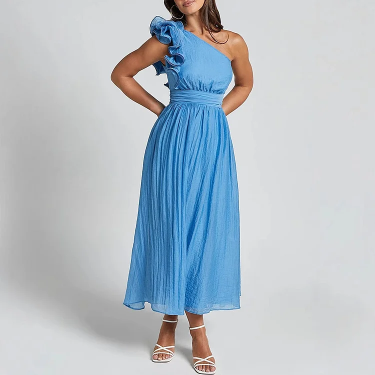 Oblique Shoulder Ruffle Dress