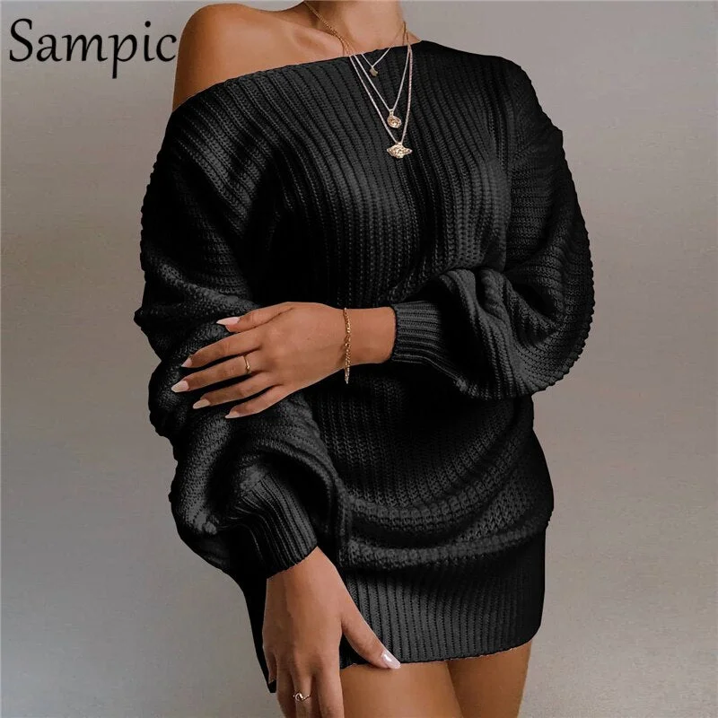 Sampic Women Winter Party Club Long Sleeve Sweater Knitted White Mini Dress Sexy Women Casual Off Shoulder Loose Short Dress