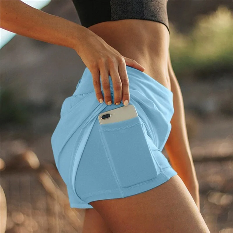 Quick Dry High Waisted Workout Sport Running Solid Shorts Women Double Layer Fitness Training Shorts With Phone Pocket