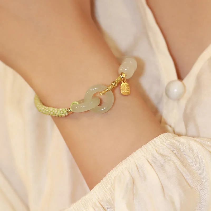 Natural Hetian Jade Bead Double Peace Buckle Fu Character Abundance Braided Bracelet