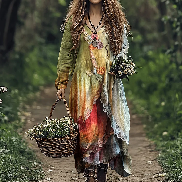 Women's Vintage Gradient Floral Patchwork Comfy Midi Dress