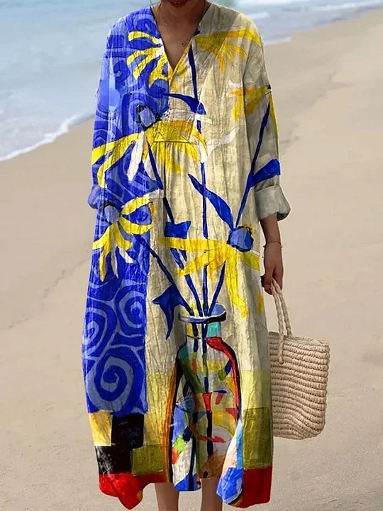 Women's Vintage Abstract Colorful Floral Art Print Dress