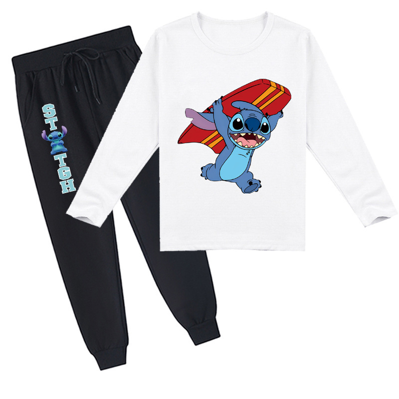 Mayoulove Stitch Cartoon Long-sleeved T-shirt and Trousers Set - Cute and Comfortable for Kids of All Ages-Mayoulove