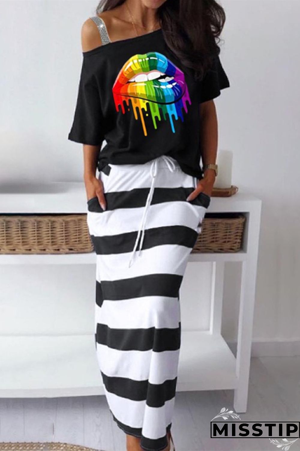 Black White Fashion Casual Print Patchwork Oblique Collar Short Sleeve Two Pieces