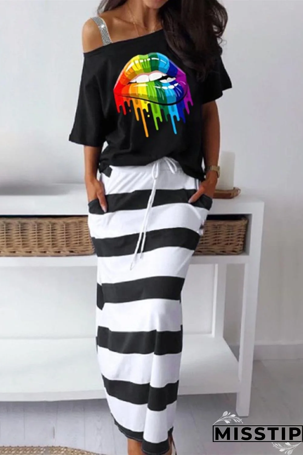 Black White Fashion Casual Print Patchwork Oblique Collar Short Sleeve Two Pieces